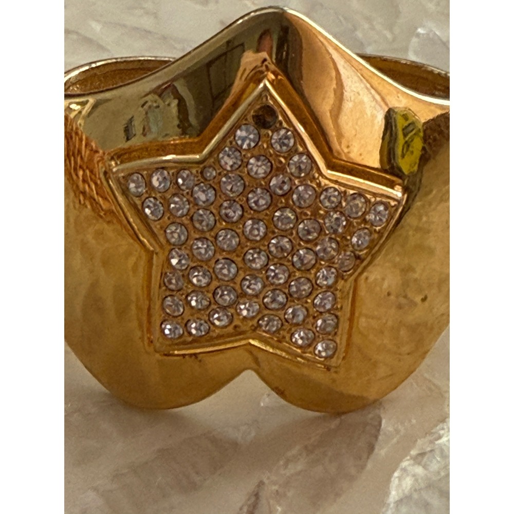VTG 80's 90's Heavy Gold-tone Chunky Star Cuff Hinge Bracelet Rhinstones